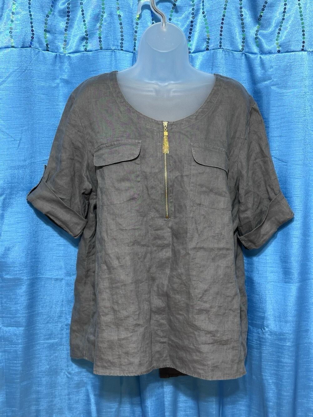 Ellen Tracy 100% Linen Gray Relaxed 1/4 Zip Roll Tab Pockets Top Shirt SZ L